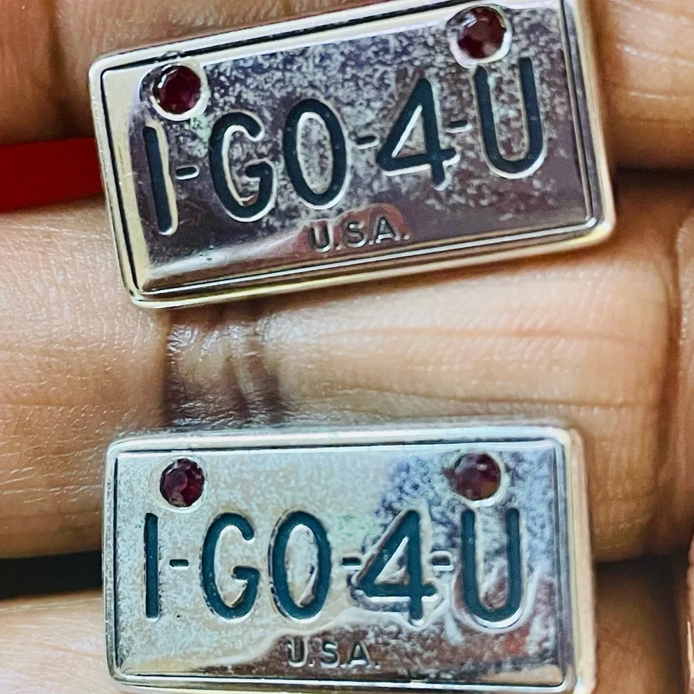 SWANK Silver-Tone 'I-GO-4-U' License Plate Cufflinks and Tie Clip w/Red Crystals